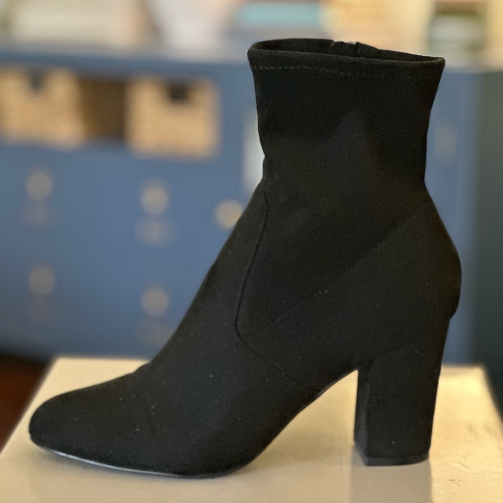 Around Black Faux Suede Almond Toe  Sock Boot. Zipper Closure. Block Heel. Sz 9